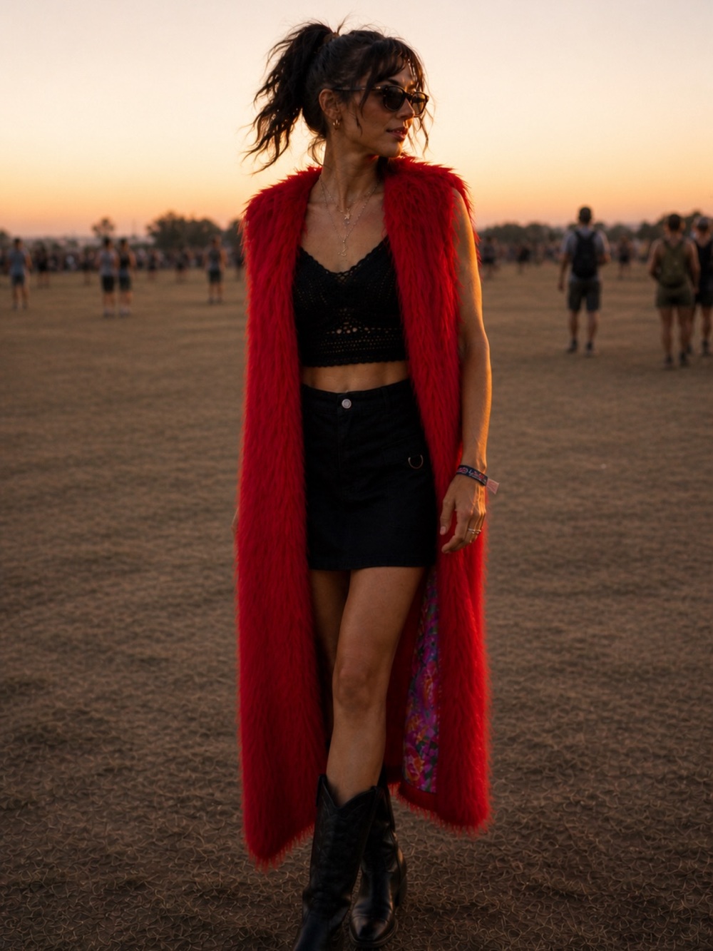 Long Red Faux Fur Vest - Bold Festival Statement